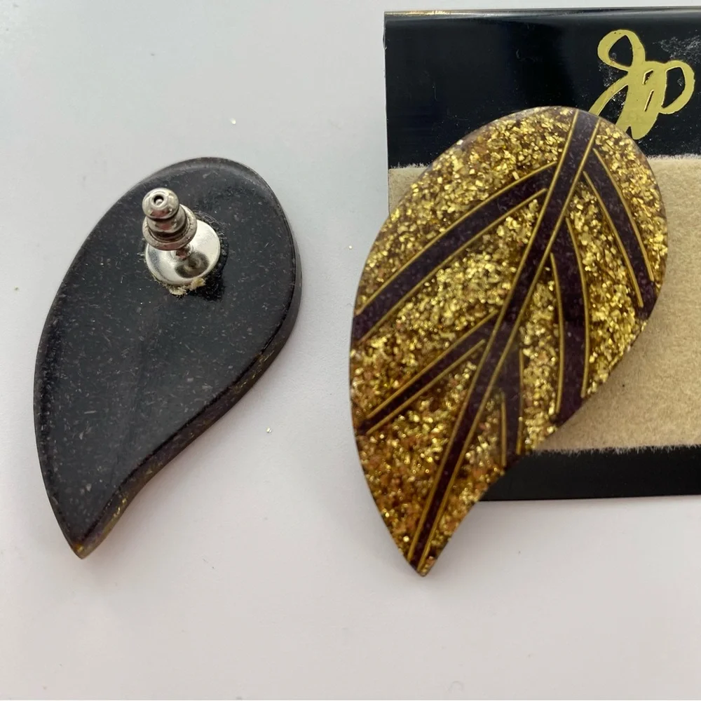 Gold and Brown Leaf Earrings Enamel Sparkly Pierced Post Autumn Fall